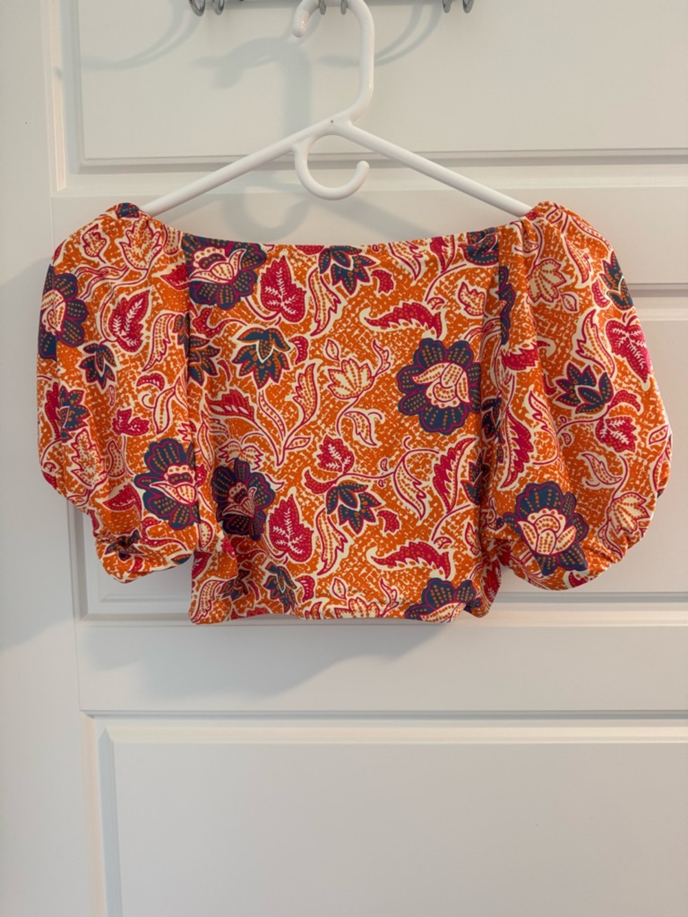 NWT Cleobella Maude Tie-Front Puff Sleeve Bikini Top, Orange Print, Size Small - Picture 2 of 4